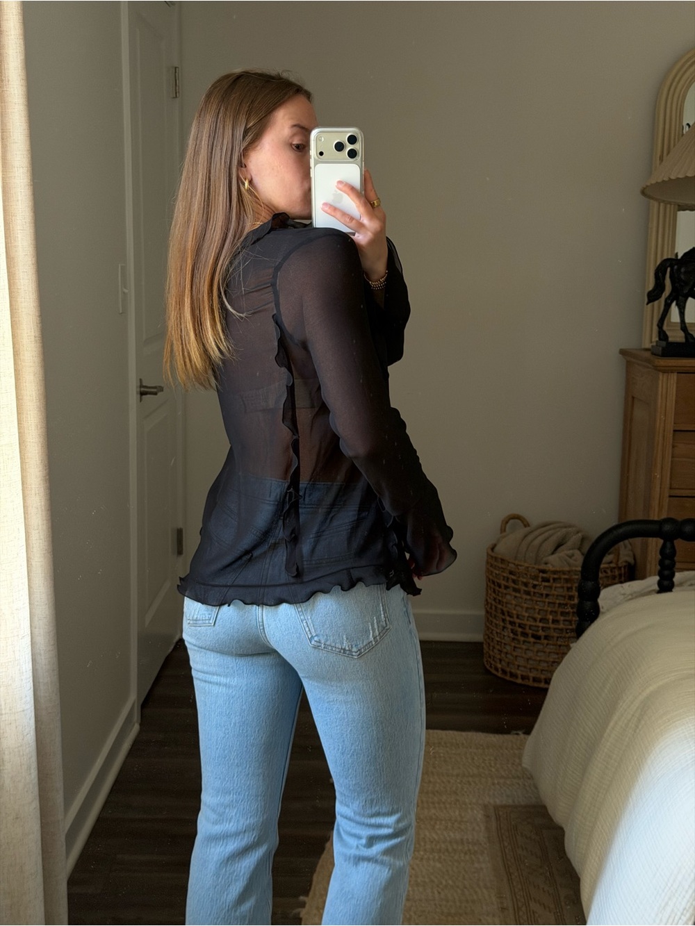 Aritzia Sheer Ruffle-Trim Black Long-Sleeve Top - Picture 3 of 3